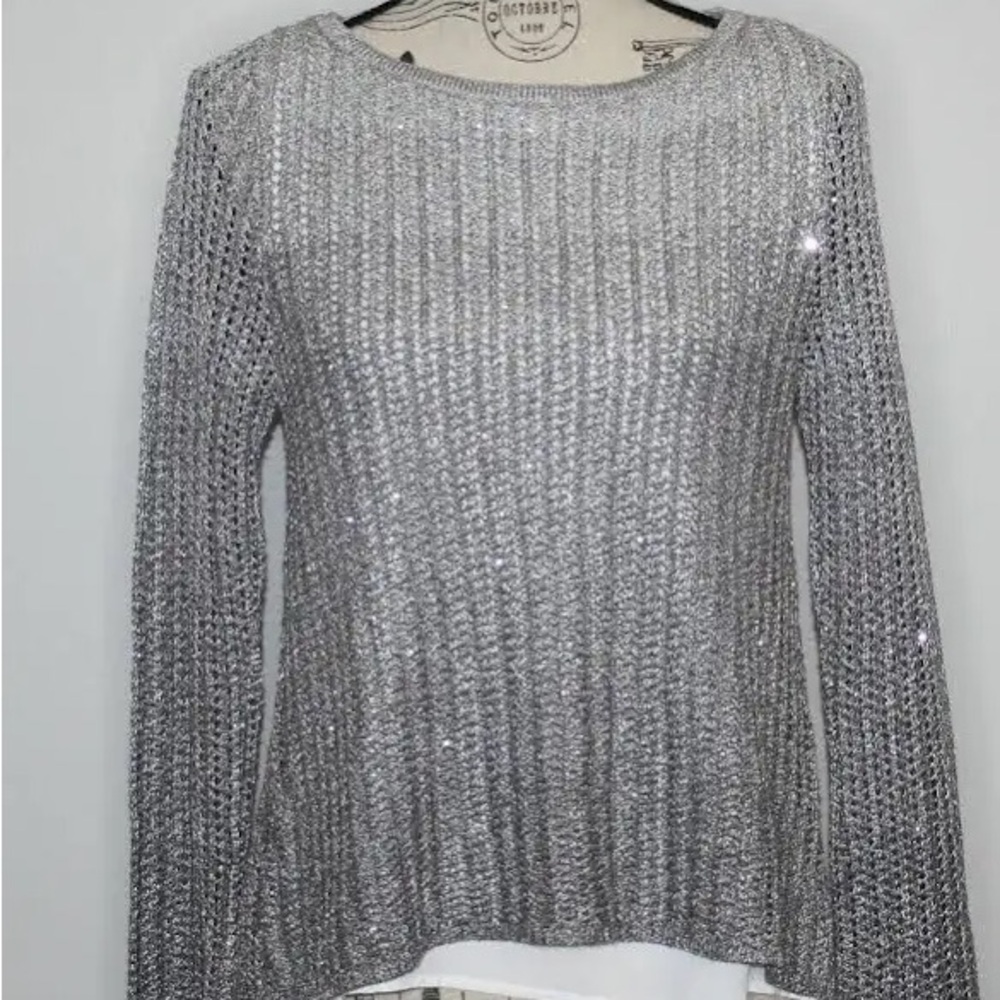 White House Black Market Silver Sequin Ombré Twofer Sweater